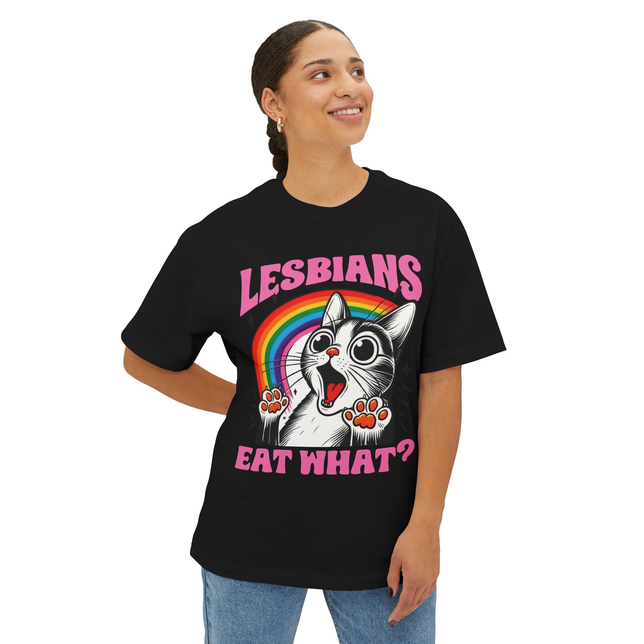 Lesbians Eat What? Cat Tee - Funny LGBTQ+ Rainbow T-Shirt