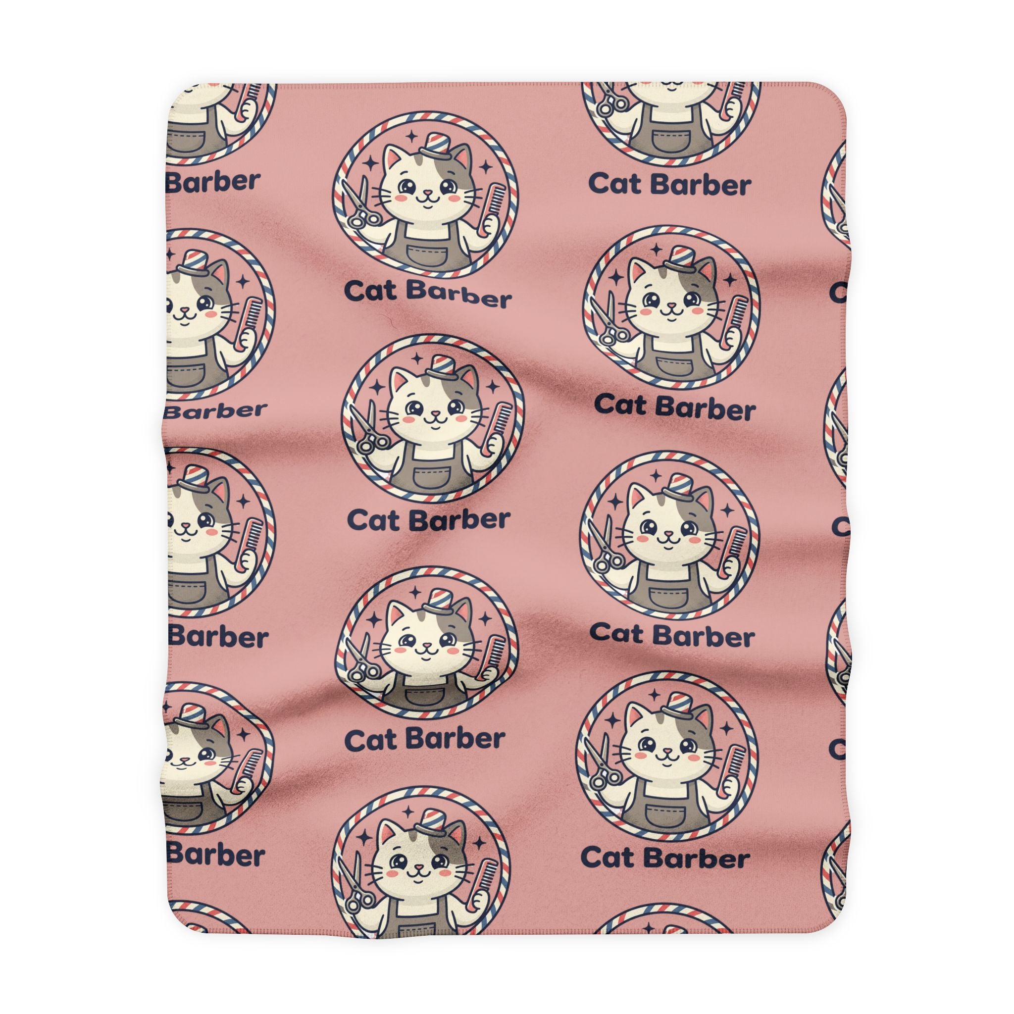 Cat Barber Sherpa Blanket — Cute Pink Cat Barber Pattern Cozy Throw