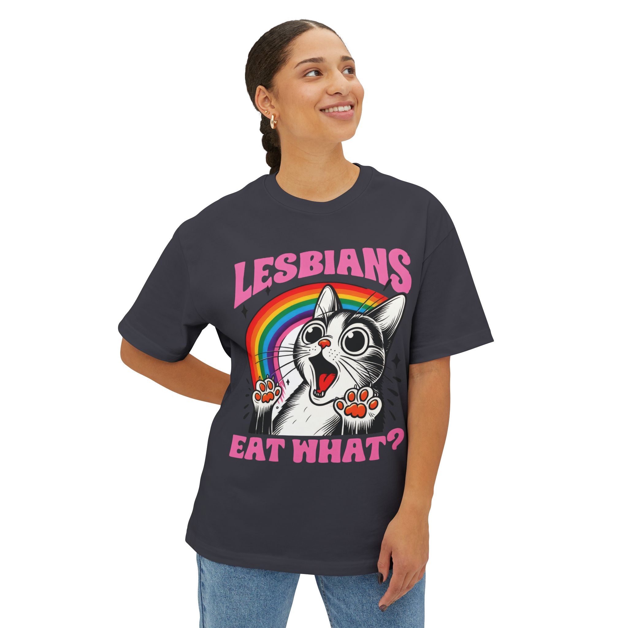 Lesbians Eat What? Cat Tee - Funny LGBTQ+ Rainbow T-Shirt