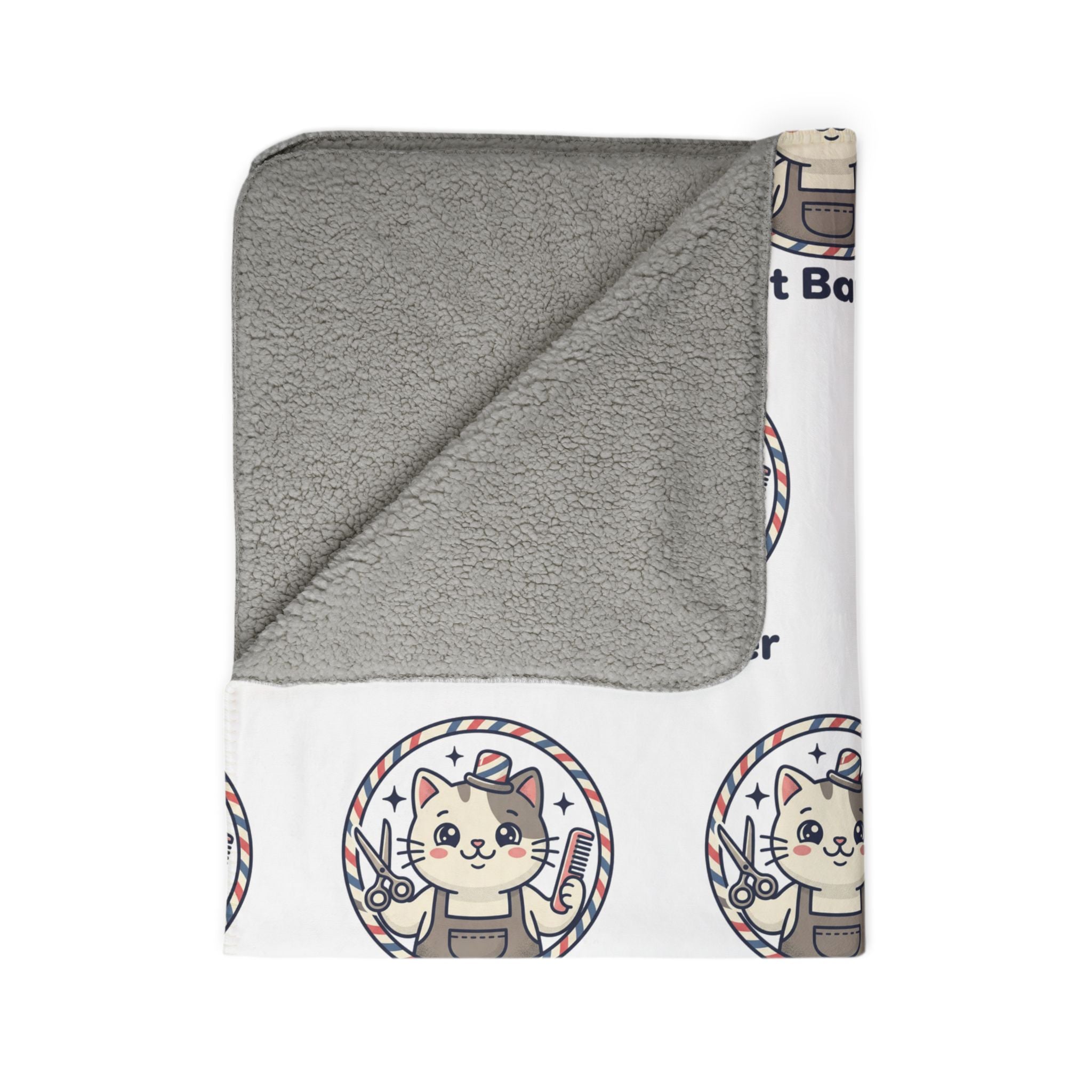 Cat Barber Fleece Sherpa Blanket — Cute Repeating Cat Logo Cozy Throw